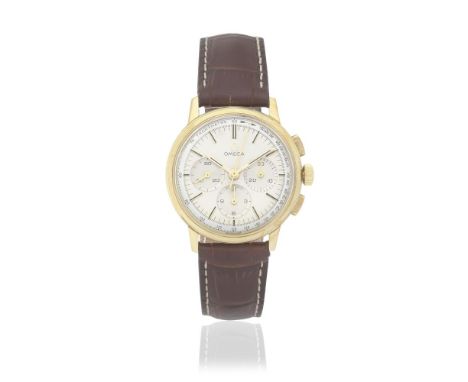 Omega. An 18K gold manual wind chronograph wristwatchReference: 101 010 64Date: Circa 1963Movement: 17-jewel Cal.321 manual w