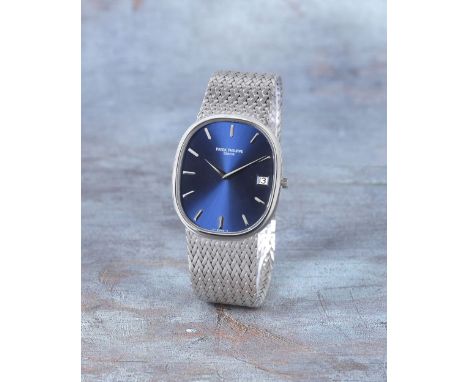 Patek Philippe. An 18K white gold automatic oval calendar bracelet watch with sigma dialModel: EllipseReference: 3605-1Date: 