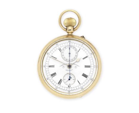 An 18K gold keyless wind open face chronograph pocket watchModel: Chrono-MicrometerDate: Chester Hallmark for 1893Movement: G