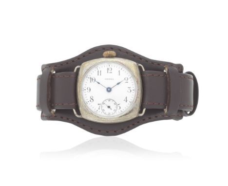 Omega. A silver manual wind trench style wristwatchDate: Circa 1915Movement: 15-jewel manual wind, No.1925821Dial: White, bla