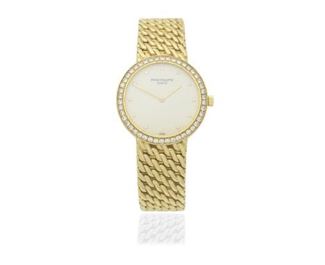 Patek Philippe. An 18K gold diamond set manual wind bracelet watchModel: CalatravaReference: 5006/017Date: Purchased 17th Jan