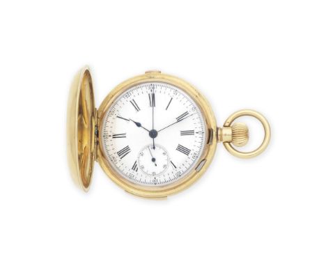 An 18K gold keyless wind full hunter quarter repeating chronograph pocket watchDate: Circa 1900Movement: Gilt Swiss lever, cu