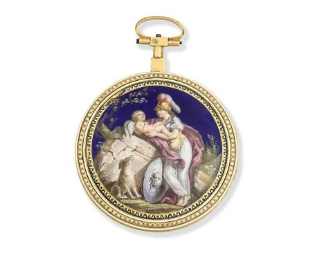 Moricand &amp; Compagnie. A continental gold and seed pearl set key wind open face pocket watch with enamel decorationDate: C