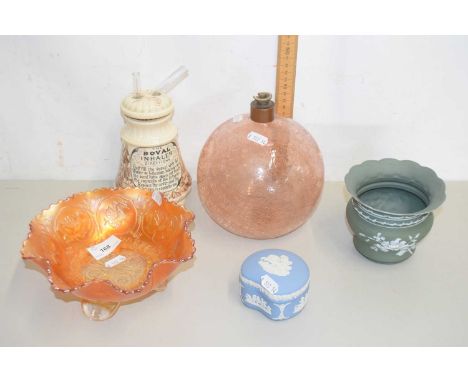 A Carnival Glass bowl, vintage inhaler, Art Glass vase and other items