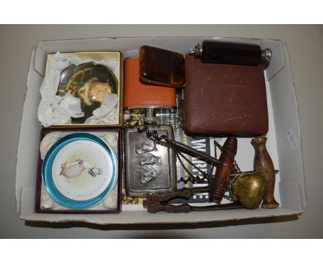 A box of mixed items to include small hip flask, travel clock, corkscrews, scent bottle, paperweights etc