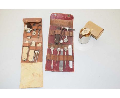 Two leather cased portable cutlery/tool sets marked Bonsa together with small travelling measures