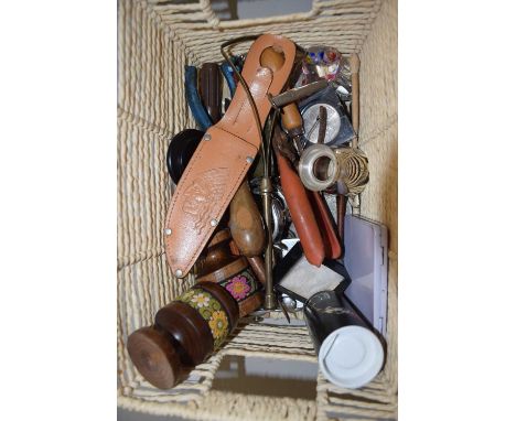 A box of various mixed items to include wooden goblets, various tools, glass chicken etc
