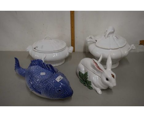Two large white glazed ceramic dishes, further dish modelled as a fish and further tureen modelled as a rabbit