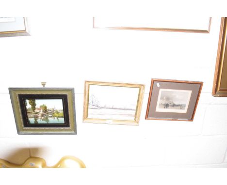 Mixed Lot: Small oil on board study of a winter scene, coloured engraving of Cromer and a vintage photographic print of Pulls