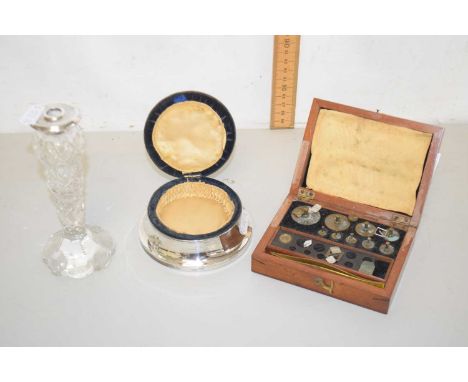 A case of chemists precision weights together with a silver mounted combination pin cushion and jewellery box and a silver mo
