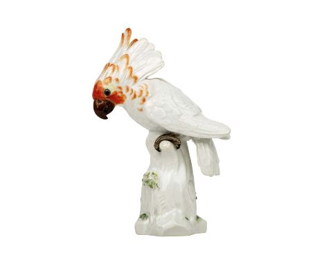 MEISSEN 'Kakadu', 1. Wahl, nach 1934. Weißporzellan polychrom staffiert, auf einem mit Blüten und Blättern dekorierten Baumst