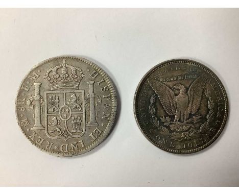 1798 Charles IV Silver 8 Reales, together with an 1889 USA 'Morgan' silver Dollar.