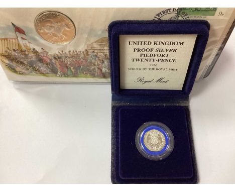 Royal Mint 1982 Silver Proof Piedfory Twenty Pence Coin, together with a Derby Bicentenary silver proof medallic first day co