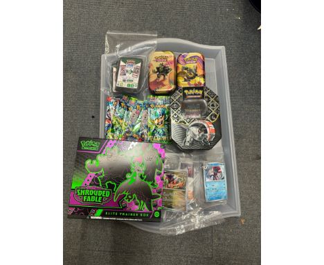 Large collection of Pokémon items to include, tins, opened packets, box, trading cards to include ones in shelves and shiny, 