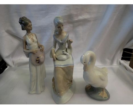 Lladro figure of a lady 5597, with a Nao goose and an unmarked Spanish figure of a girl with a goose. UK P&amp;P Group 2 (£20