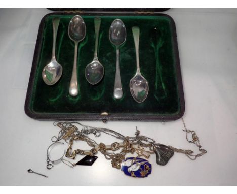 Mixed jewellery and and a boxed set of five plated teaspoons in a Mappin and Webb box. UK P&amp;P Group 1 (£16+VAT for the fi