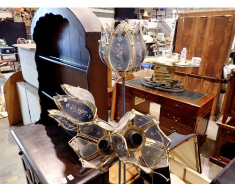 Floral lamp in blue metal with four lights, floor lamp aside from being dusty appears in excellent condition. All electrical 