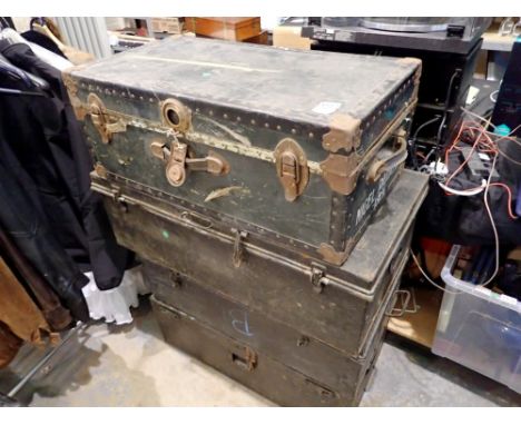 Large lidded travel trunk and three further metal lidded trunks. Not available for in-house P&amp;P 
