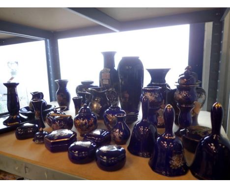 Shelf of Japanese blue and gilt ceramic items, including vases and temple jars. Not available for in-house P&amp;P 
