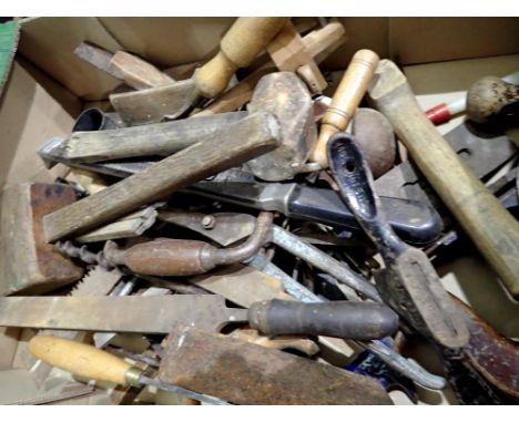 Box containing a variety of mixed tools to include planes files. Not available for in-house P&amp;P 