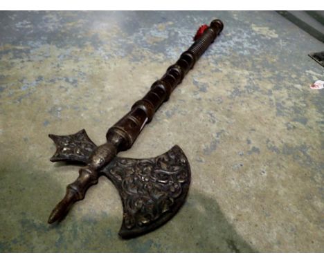 Cast metal war axe with turned wooden handle by BBL England. Not available for in-house P&amp;P 