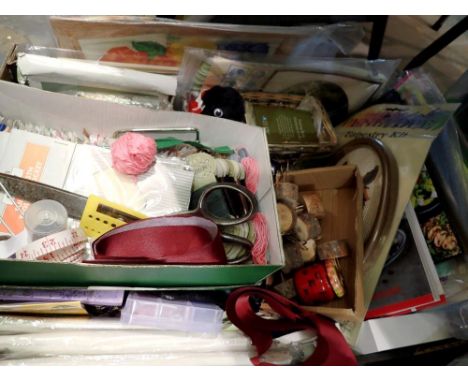 Tray of craft and haberdashery items including tapestry kits. Not available for in-house P&amp;P 