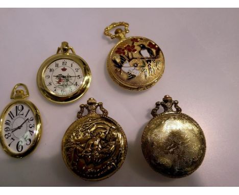 Five gold toned pocket watches - working at lotting up. UK P&amp;P Group 1 (£16+VAT for the first lot and £2+VAT for subseque