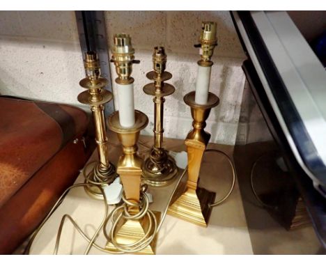 Two pairs of brass table lamps, largest H: 44 cm. All electrical items in this lot have been PAT tested for safety and have p