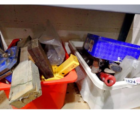 Shelf of mixed hand tools and a vice. Not available for in-house P&amp;P 