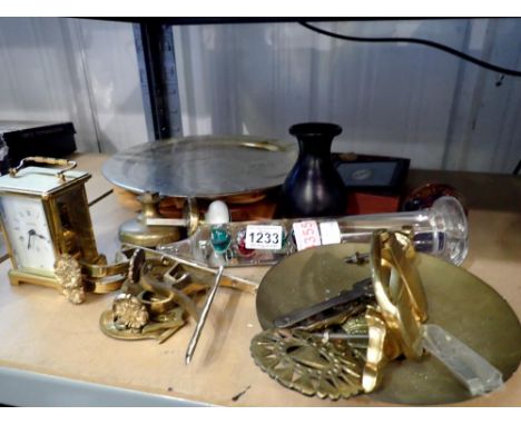Collection of brassware, including a circular tray and a French brass mechanical carriage clock. Not available for in-house P