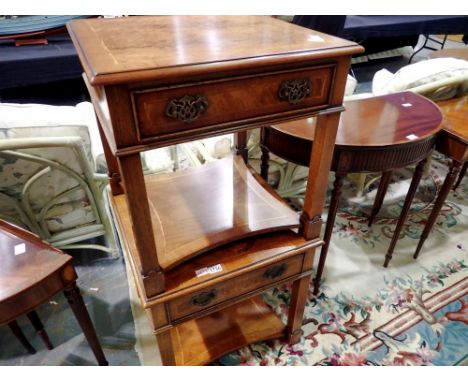 Pair of mahogany and walnut sofa/end tables, single drawer to each with an inlaid shelf below, 61 x 61 x 62 cm H. Not availab