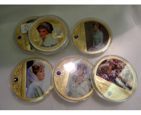 Six large gold plated Lady Diana medallions. UK P&amp;P Group 1 (£16+VAT for the first lot and £2+VAT for subsequent lots) 