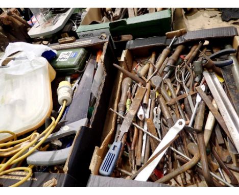 Two boxes of mixed tools and hardware items. Not available for in-house P&amp;P 