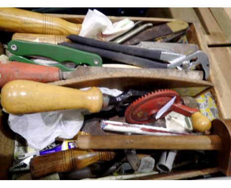 Wooden tool tray full of hand tools. Not available for in-house P&amp;P 