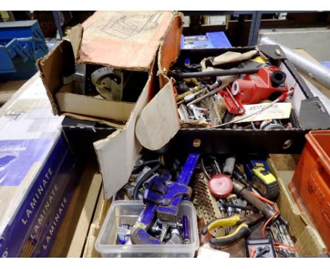 Two boxes of mixed tools and hardware. Not available for in-house P&amp;P 