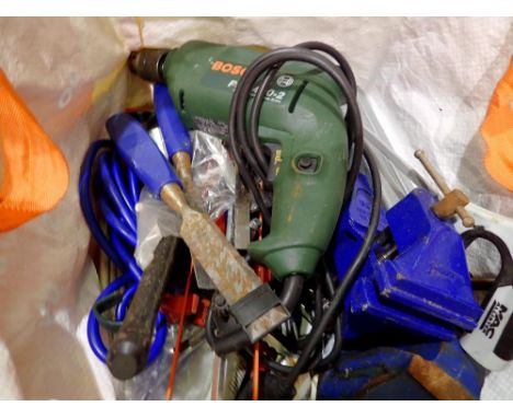 Mixed tools, including vices and a Bosch PSB400 drill. All electrical items in this lot have been PAT tested for safety and h