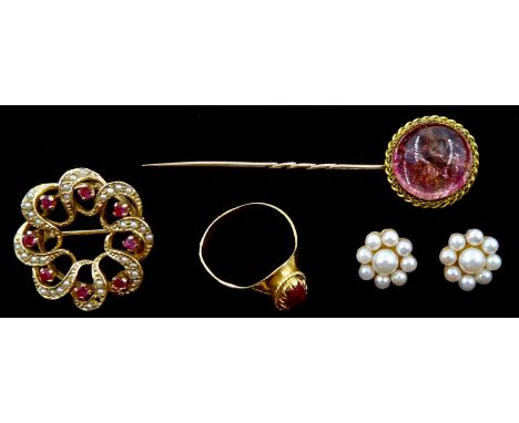 9ct gold ruby and pearl circular brooch, pair of 9ct gold pearl cluster stud earrings, gold pink glass stick pin and an 18ct 