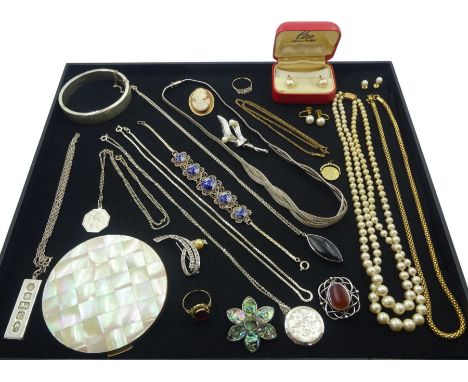 9ct gold five stone cubic zirconia ring, 8ct gold single pink stone ring, 9ct gold cameo brooch and a collection of silver an