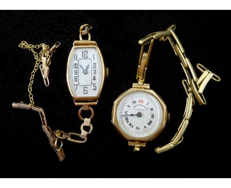 Two 9ct gold manual wind wristwatches ladies wristwatches, on on gold bracelet stamped 9ct, the other on a gold-plated strapC