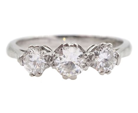 Platinum three stone diamond ring, stamped Plat, total diamond weight approx 0.45 carat Condition Report:Size K, diamonds bri