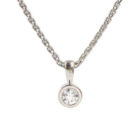 White gold bezel set single stone diamond pendant, on white gold Spiga link chain, both hallmarked 18ct, diamond approx 0.35 