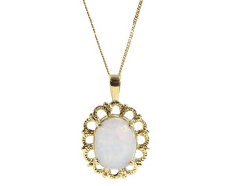 9ct gold oval opal pendant in openwork setting, stamped 375Condition Report:Approx 2.5gm, chain length = 45.5cm, pendant leng