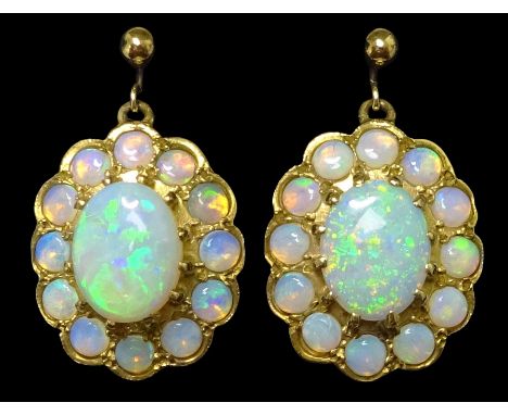 Pair of gold opal cluster screw back earrings, stamped 9ctCondition Report:Approx 5.1gm, length = 23mm, diameter = 14mm, very