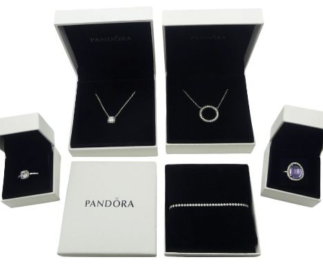 Silver Pandora jewellery including 'Square Sparkle Halo' necklace and matching ring, 'Circle Of Sparkle' necklace, 'Sparkling