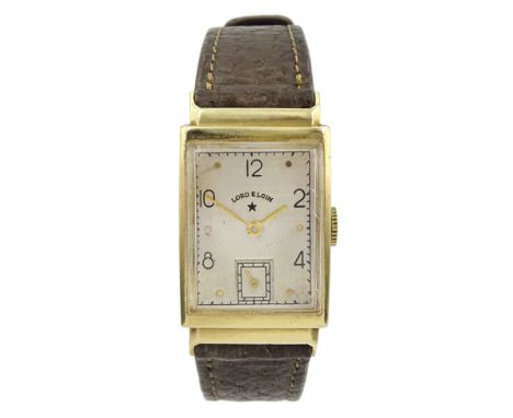 Lord Elgin 14ct gold gentleman's manual wind rectangular wristwatch, stamped 14K, on brown leather strapCondition Report:Appr
