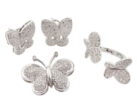 18ct white gold pave set diamond butterfly suite including ring, pair of stud earrings and brooch, all stamped 750Condition R