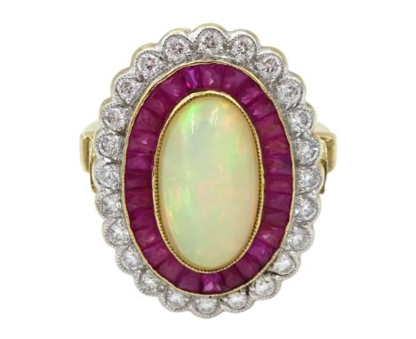 Gold oval opal calibre cut ruby and round brilliant cut diamond cluster ring, hallmarked 9ct, opal 2.50 carat, total ruby wei