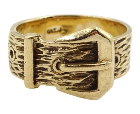 9ct gold textured buckle ring, London 1970Condition Report:Approx 6.5gm, size Q-R (shank slightly bent), max band depth = 13m