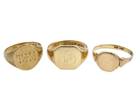 Three 9ct gold signet rings, stamped or hallmarked Condition Report:Approx 12gm, sizes O-P, R-S and Q-R (shank slightly bent)