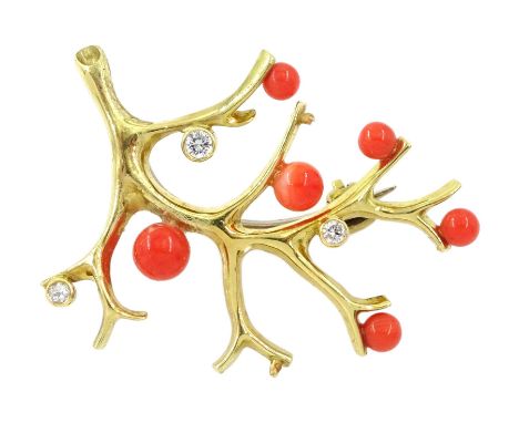 18ct gold three stone diamond and coral branch brooch, hallmarked Condition Report:Approx 4.6gm, dimensions = 3.5cm x 2.5cm a